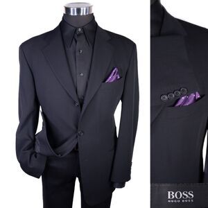 BOSS Hugo Boss Men 3 Button Blazer 40R Wool Solid Black Coat Jacket Blazer EUC